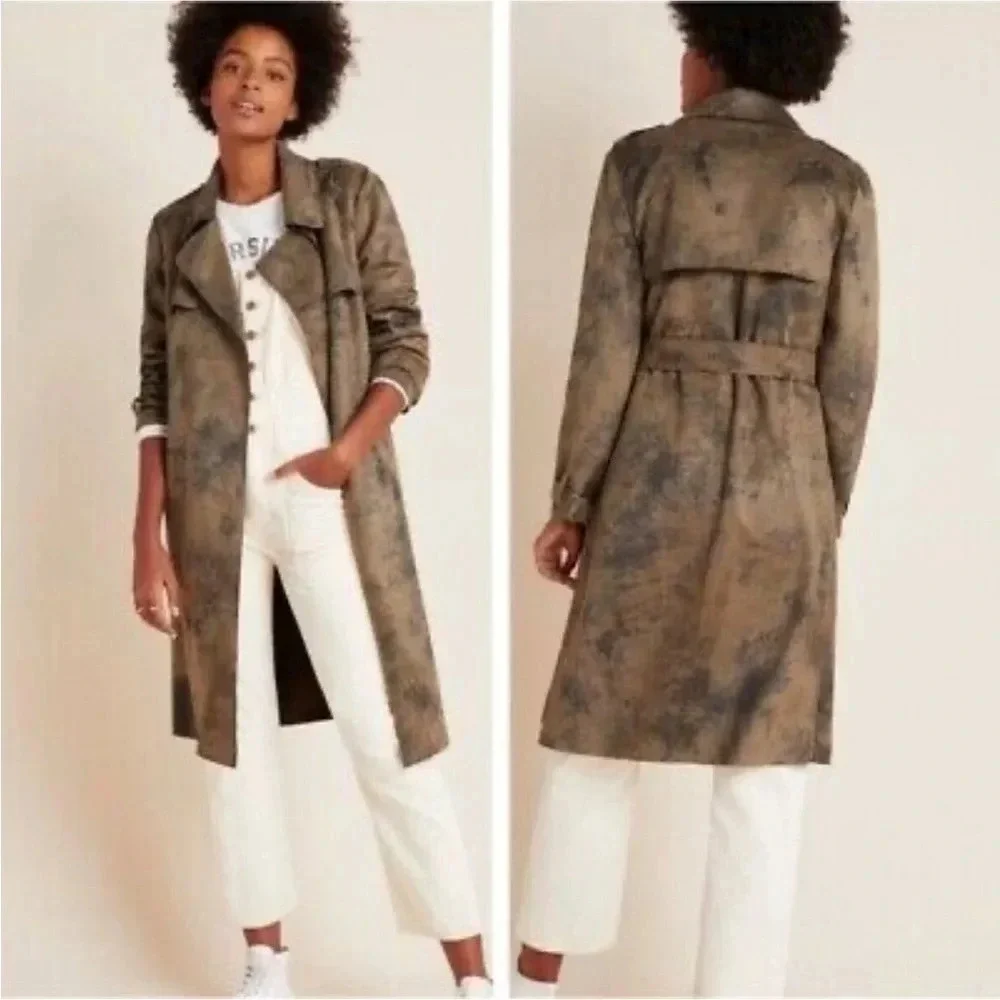 NWT Anthropologie Roxie Sueded Tie Dye Trench Coat Brown Black Tie Waist Size M